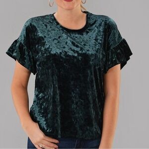 Z Supply Velour Ruffle Sleeves Top SZ Small Emerald Green Coquette EUC